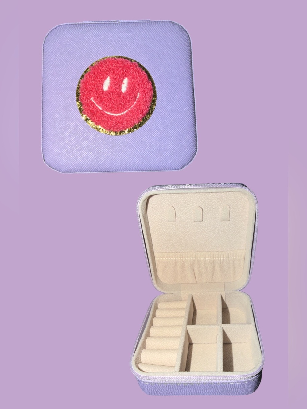 Lavender Jewelry Travel Case with Pink Smiley Patch